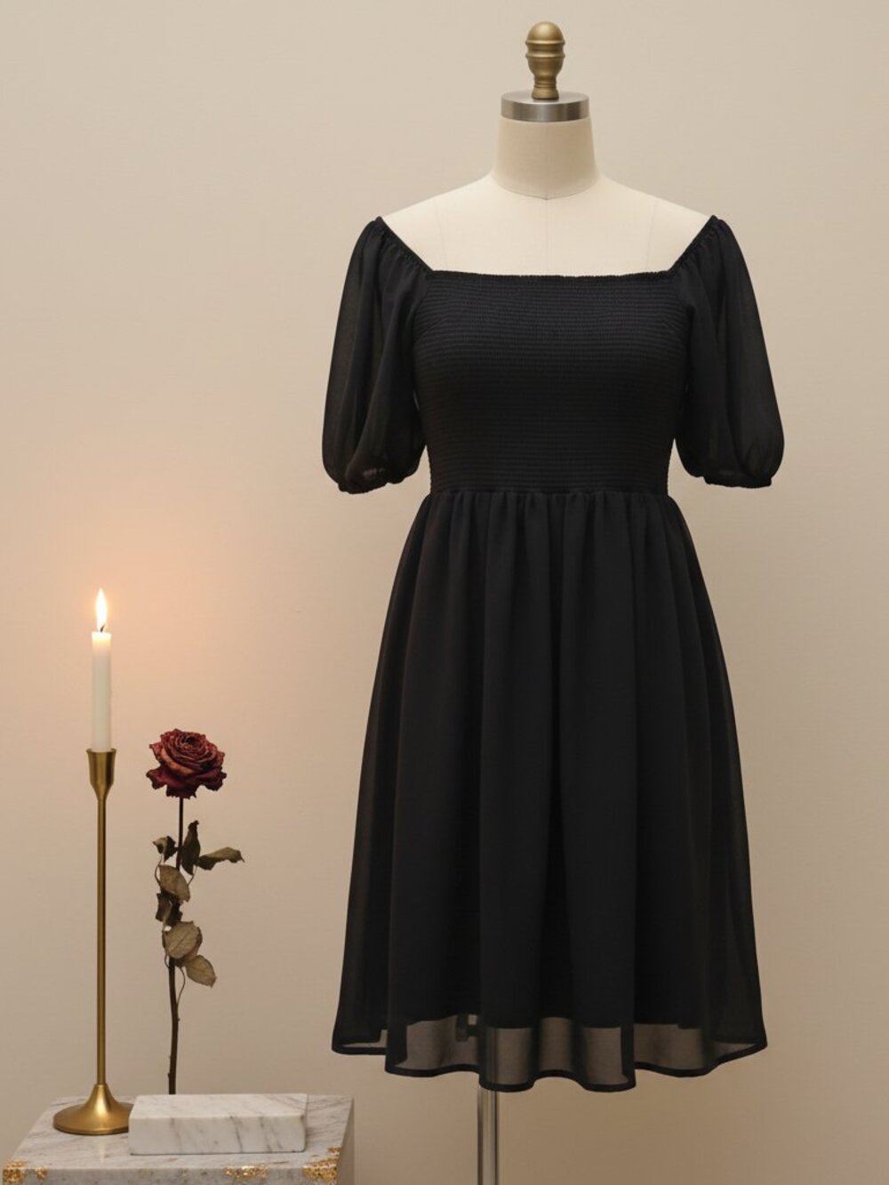 Dusk Spell Black Off-Shoulder Smocked Puff Sleeve Mini Dress